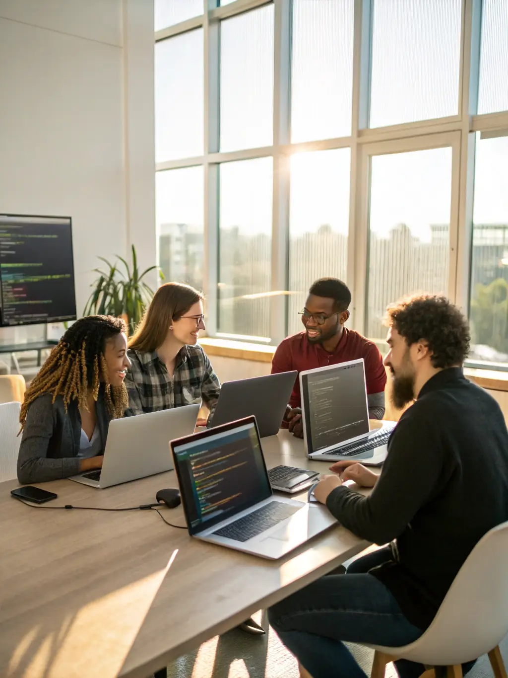 A team of software developers collaborating on a project, with lines of code visible on their screens and the Techwings Limited logo subtly displayed.