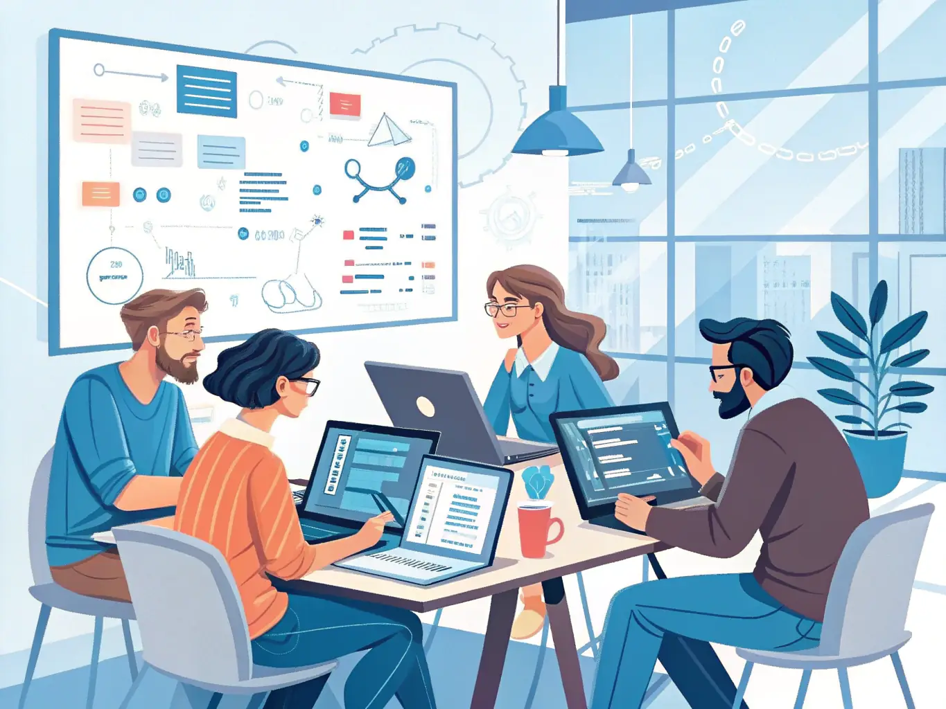 A team of software developers collaborating on a complex coding project, with multiple screens displaying lines of code and project management tools.