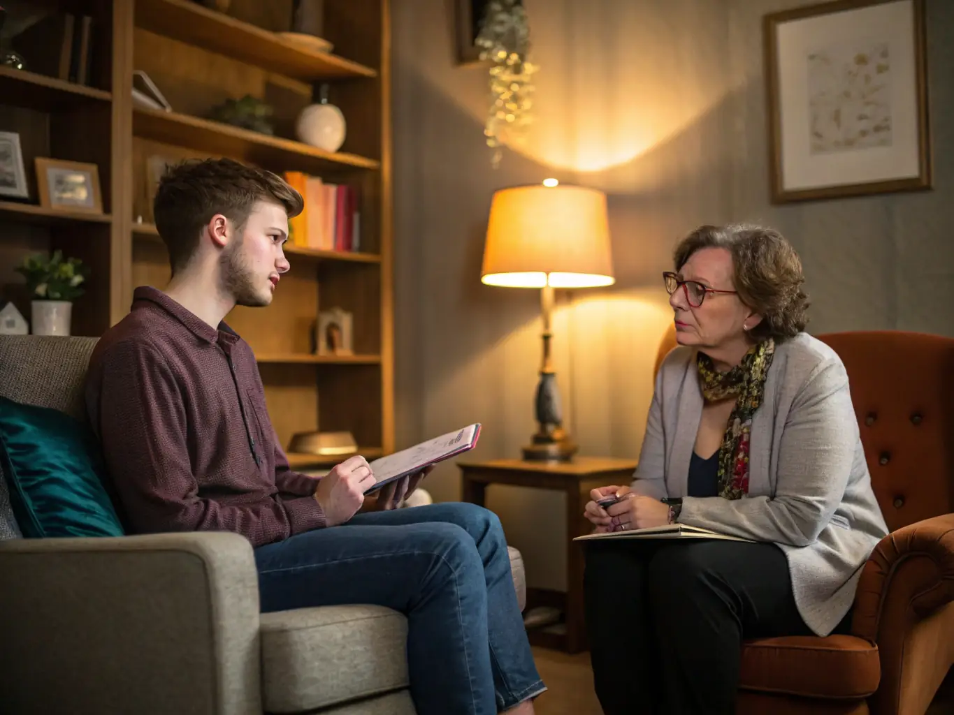A therapist in a calming office setting, providing a counseling session to a client, with soft lighting and comfortable furniture.